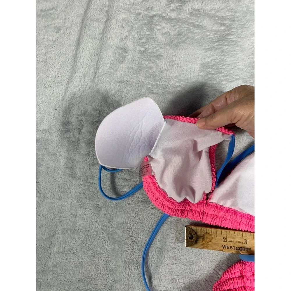 Pink Smocked Popcorn Bikini Set Womens Size S Blue Contrast Straps Swimsuit